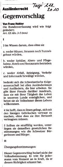 Franz Hohler im Tagi vom 1. Nov. 2010