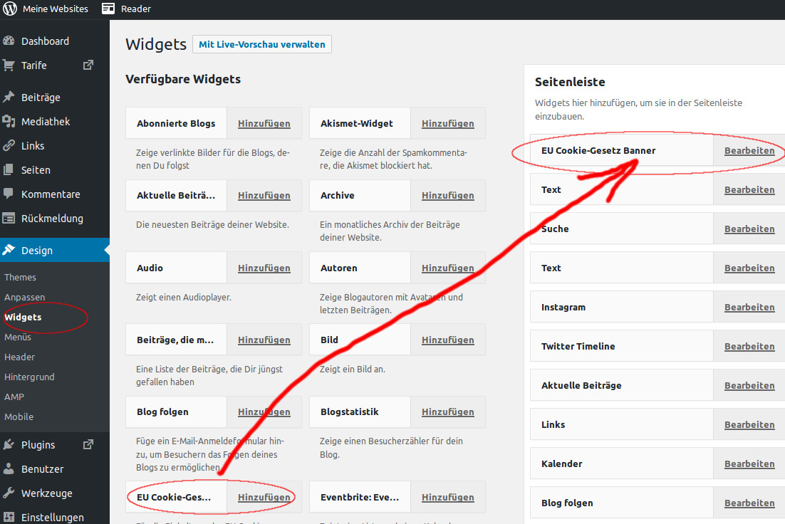 Unter Einstellungen Widgets öffnen und das besagte Widget auf die Seitenleiste ziehen oder hinzufügen