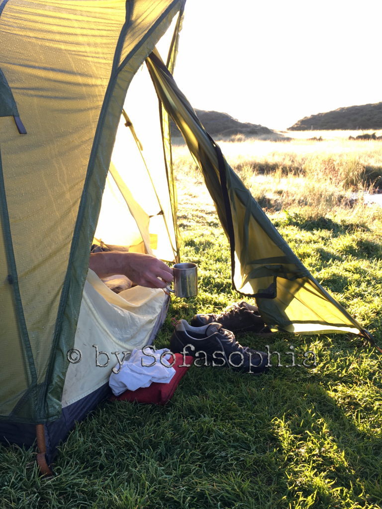 Auch das Zelt ist nun in der Sonne. Irgendlinks Hand greift nach der Kaffeetasse, die vor dem Zelt steht.