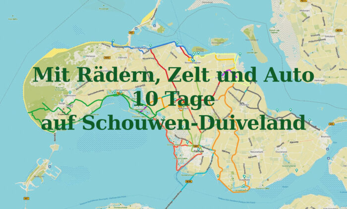 Karte der Insel, auf der unsere Radtouren farbig markiert zu sehen sind, darüber folgender Text: Mit Rädern, Zelt und Auto 10 Tage auf Schouwen-Duiveland