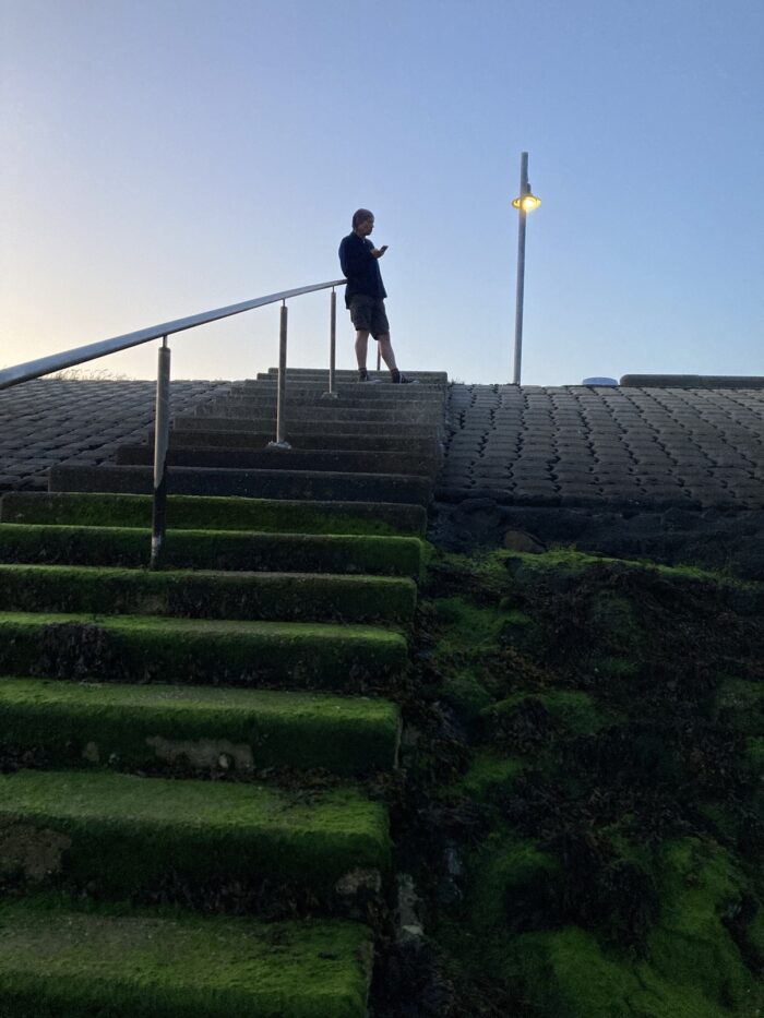 Bei Dämmerung fotografierte Steintreppe mit moosigen Stufen, von unten nach oben. Am oberen Treppenende steht ein Mensch im schwachen Schein einer Straßenlaterne.