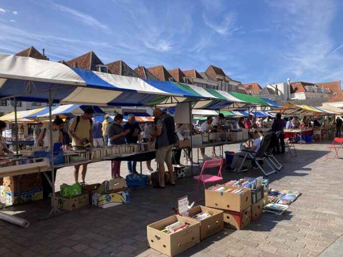Marktstände mit blauen, weißen und grünen Dächern, die parallel zu den Hausdächern im Hintergrund verlaufen. Leute gucken sich die Stände an. Es sind Bücherstände, im Vordergrund liegen ein paar offene Bücherkisten.