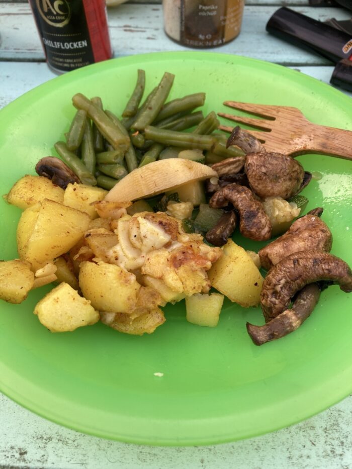 Hellgrüner Campingteller mit gebratenen Kartoffeln, Bohnensalat und gebratenen Pilzen auf hellem Holztisch, im Hintergrund Gewürze, auf dem Teller eine hölzerne Gabel.