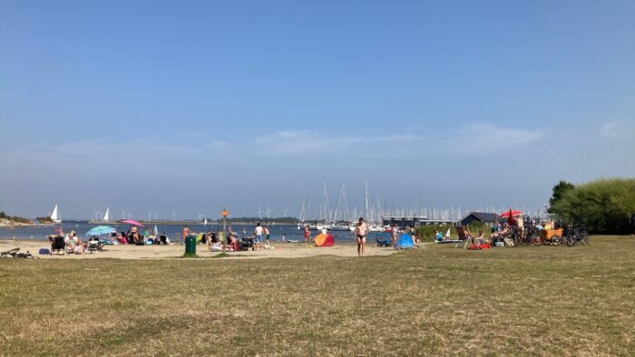 Strandaufnahme von weitem. Viele Menschen auf dem sandigen Teil des Strandes in der Bildmitte, darüber Segelmasten, wo das Meer ist. Im Vordergrund eine leere Wiese. Rechts im Bild Bäume. Blauhimmel.