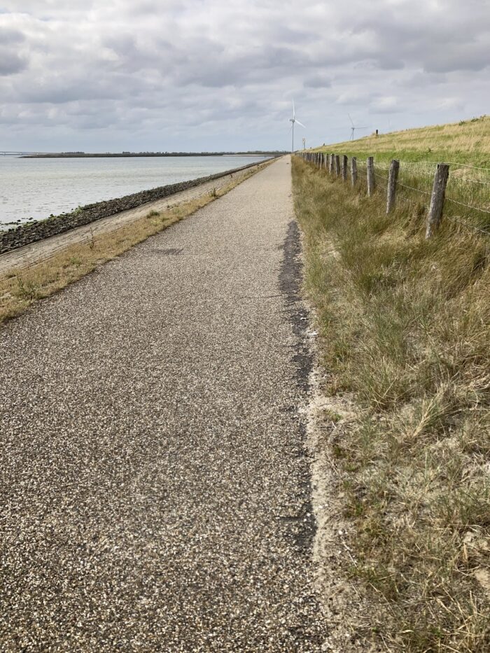 Radweg von vorn nach hinten verlaufend. links das Meer an einem abschüssigen steinigen Hang, rechts ein Zaun und Wiese. Der Himmel ist bewölkt und grau.