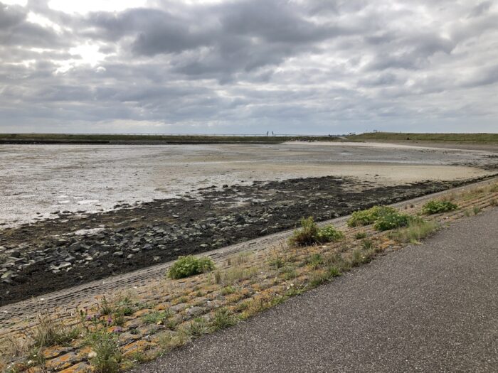 Dramatischer Himmel, Meer und steiniger Strand, im Vordergrund ein Stück Radweg.