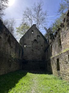 Im Gemäuer ohne Dach, darüber der Himmel, am Boden Gras