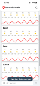 Screenshot einer Wetterkurve für die nächste Woche für vier Orte (nicht genannter Standort plus drei Schweizer Städte – Basel, Bern, Zürich). Die Temperaturen schwanken zwischen 12 - 31 °C.
