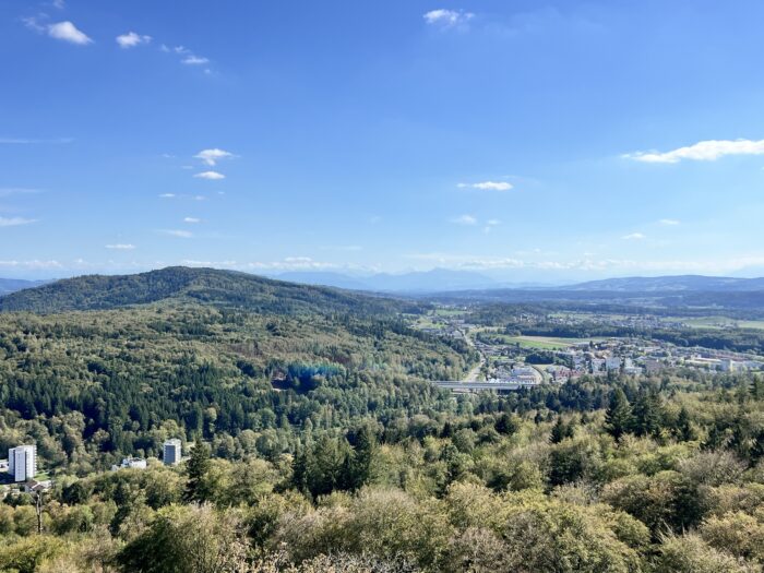Weitblick vom Wasserturm aus, mit Blauhimmel