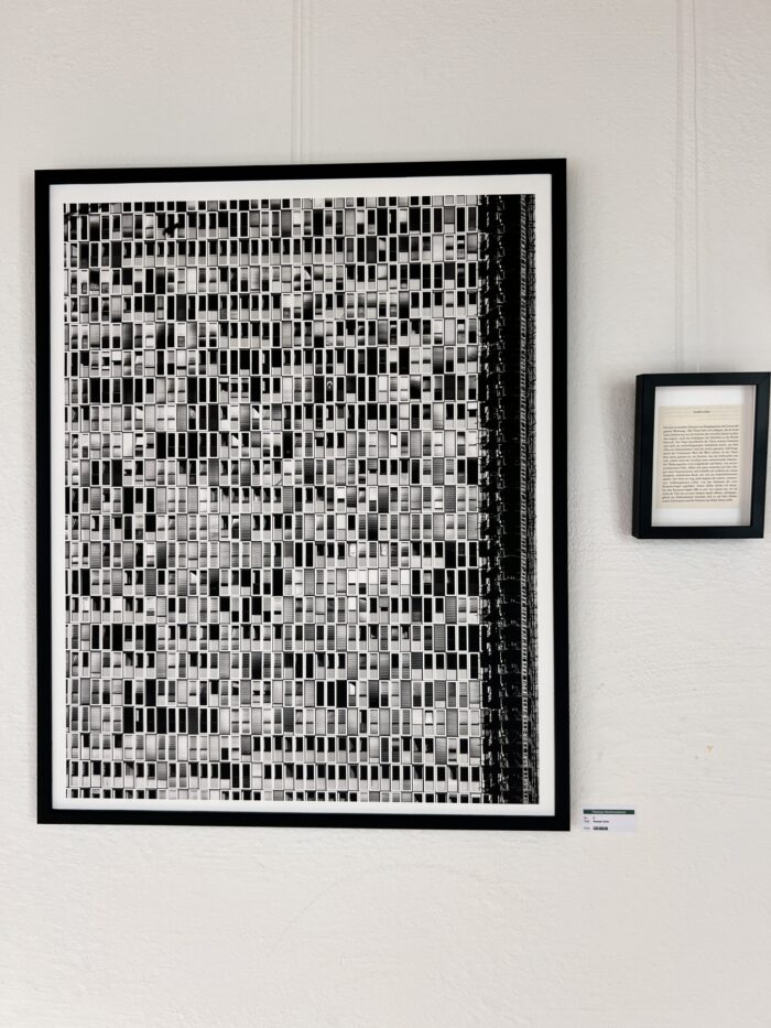Unruhe vermittelnde Fotocollage aus vielen einzelnen schwarzweißen Aufnahnmen von Fenstern, hinter Glas gerahmt an weißer Wand, daneben in einem kleinen Rahmen ein Text, der nicht zu lesen ist