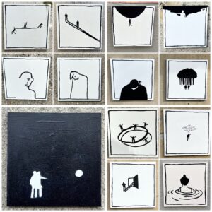Eine Bildcollage aus 13 monochromen Einzelbildern, die sehr minimalistisch menschenliche Situationen skizzieren