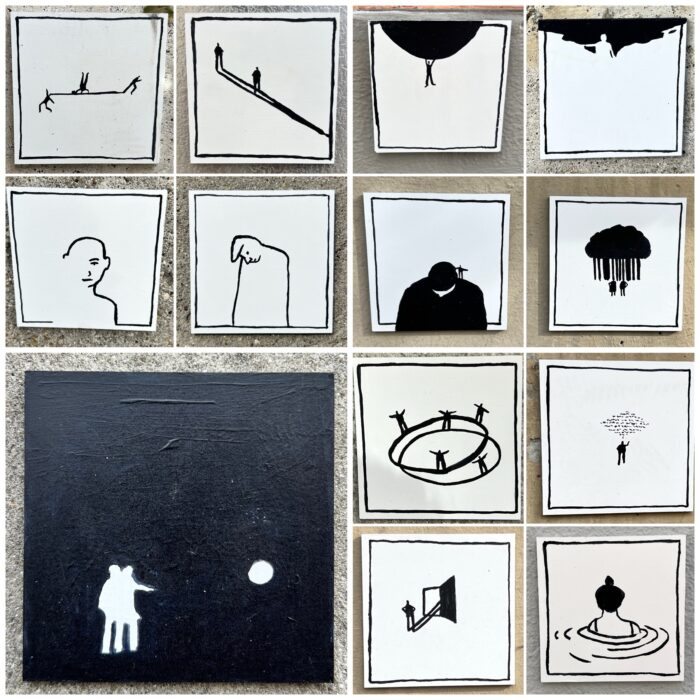 Eine Bildcollage aus 13 monochromen Einzelbildern, die sehr minimalistisch menschenliche Situationen skizzieren